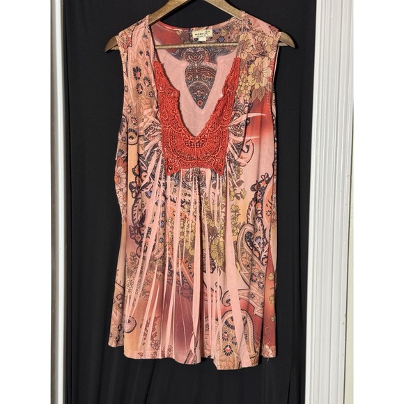 One World Top 3X Boho Red Embroidered Abstract Floral Blouse Tank Cottage Stretc - Picture 4 of 8